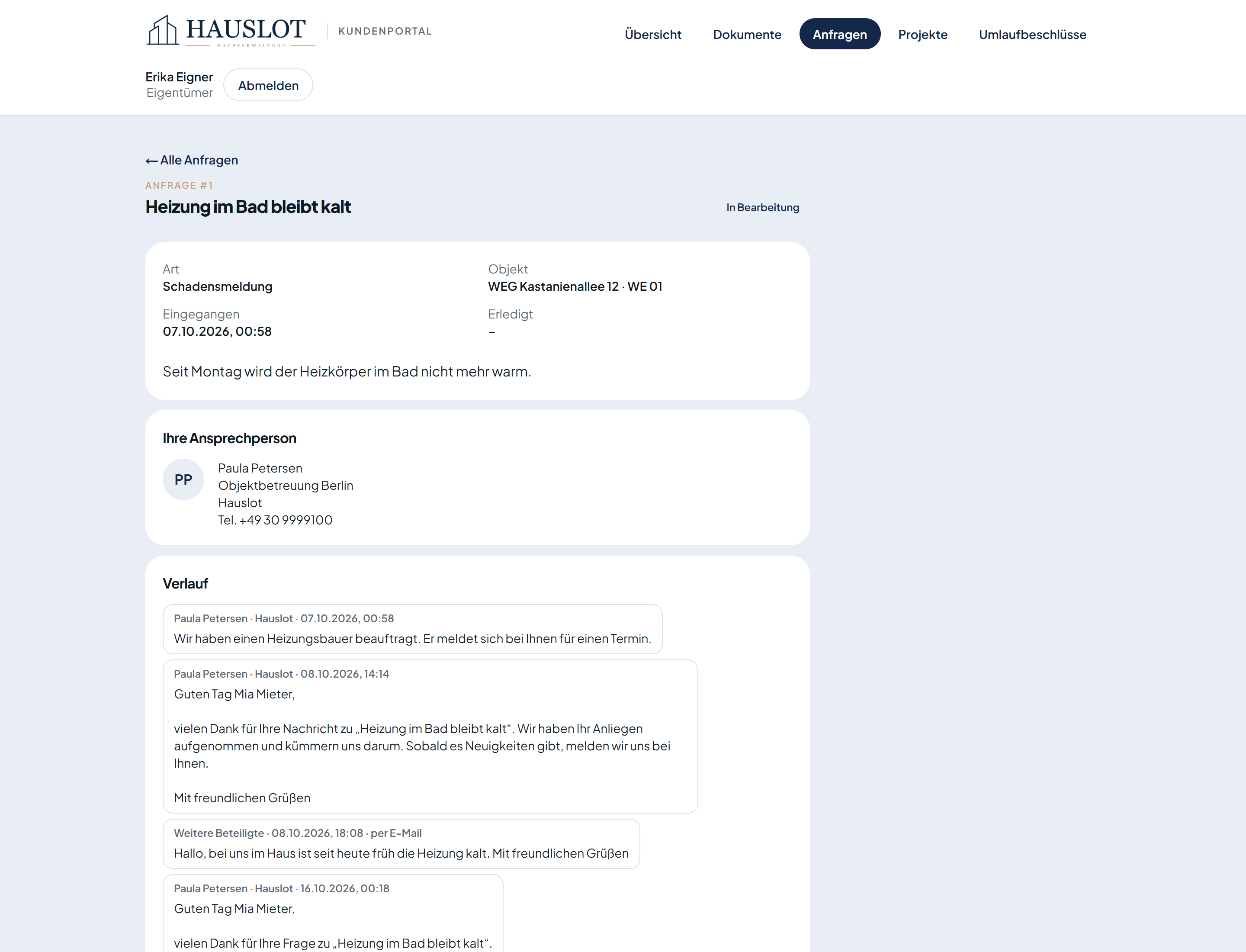 Ein Anliegen mit Status „In Bearbeitung“, fester Ansprechperson und Verlauf der Nachrichten